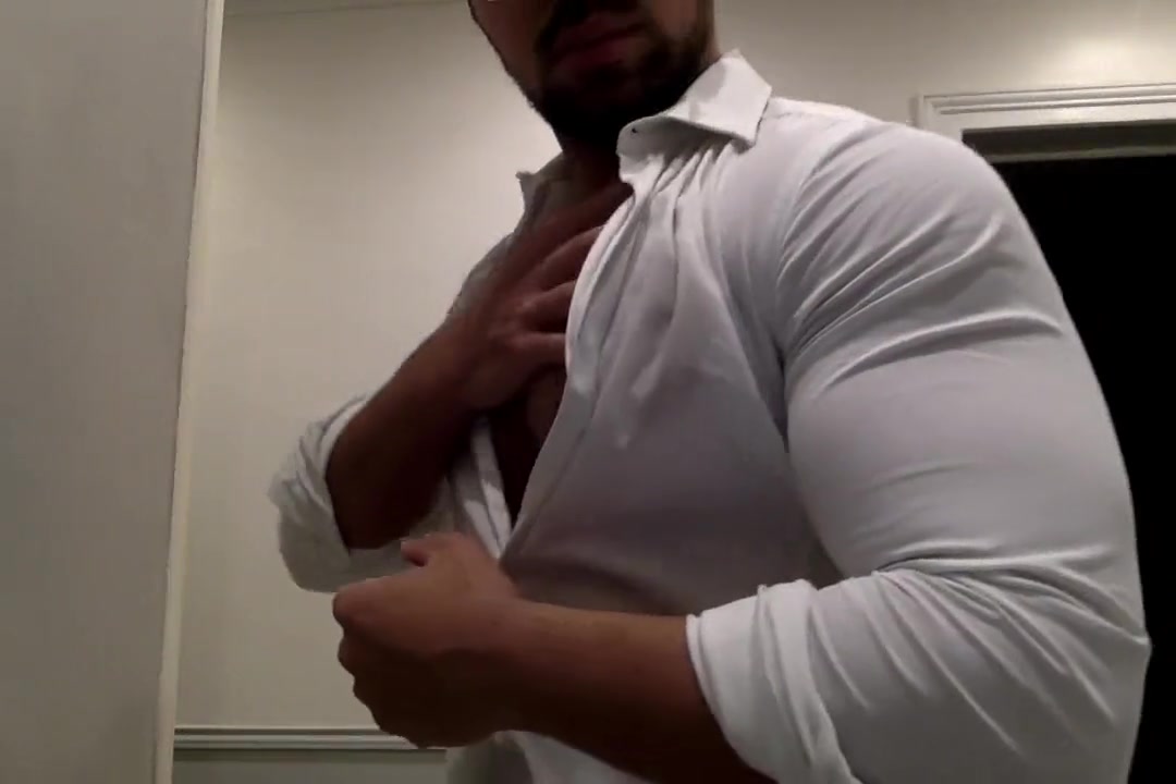 ripping my white shirt while flexing my big muscle pecs and biceps _2