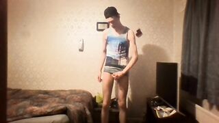 Very skinny twink with a cap strokes his cock while wearing a tank top Peter bony