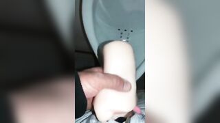 POV Risky Public Washroom Masturbation Piss & Cum in Front of a Urinal with a Open Mouth Stroker Toy Jetsfan1983 - BussyHunter.com