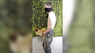 Femboy Soldier Guy Fucking Plushie Hard then Squirts on own Stomach while Wearing Military Gear Peacock King - Amateur Gay Porn