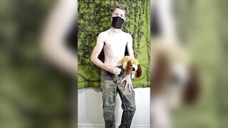 Femboy Soldier Guy Fucking Plushie Hard then Squirts on own Stomach while Wearing Military Gear Peacock King - Amateur Gay Porn