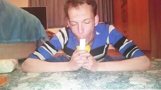 Skinny teen shoves banana deep in his throat Peter bony