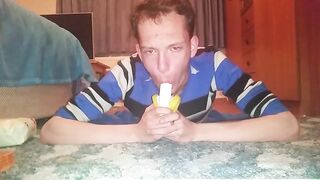 Skinny teen shoves banana deep in his throat Peter bony