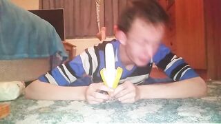 Skinny teen shoves banana deep in his throat Peter bony