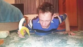 Skinny teen shoves banana deep in his throat Peter bony