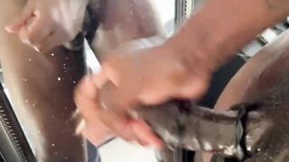 Throbbing Black Cock Drips Cum all over Mirror 