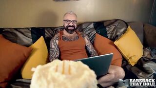 BAREBACKTHATHOLE Hairy Inked DILF Marc Angelo Masturbates Bareback That Hole - Amateur Gay Porno