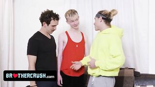 Naughty Twink Tricks his Older Step Brothers to make out and take their Big Dicks SeeBussy.com