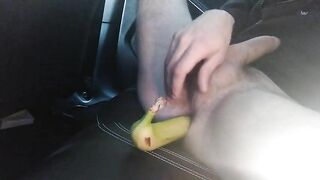 Big Cock Man in Car, Train his Anus with a Small Toy, then Insert half a Banana, Likes it and Cums Jomilove - BussyHunter.com