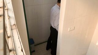 two handsome colleagues have sex in the toilet