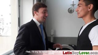 gay businessman asks the cute latin teen servant to fuck him