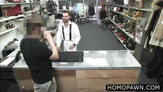 hairy desperate dude is selling his stuff and gets anal fucked in the shop