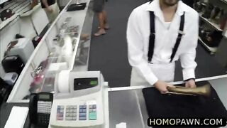 hairy desperate dude is selling his stuff and gets anal fucked in the shop