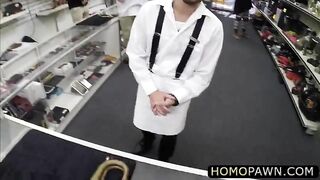 hairy desperate dude is selling his stuff and gets anal fucked in the shop