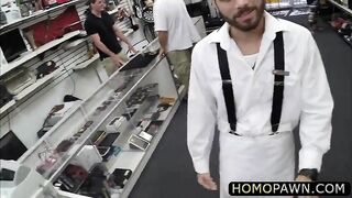 hairy desperate dude is selling his stuff and gets anal fucked in the shop