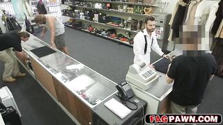 dude sucks dick behind a counter while other customers shop