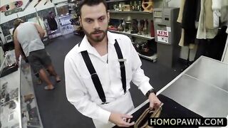 gay bareback in the pawnshop with an innocent hairy dude who gets rimmed in the ass