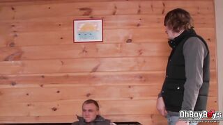 three male friends have gay sex in cabin