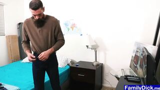 bearded stepdad teaches stepson how to put on a condom