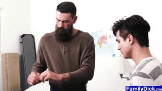 bearded stepdad teaches stepson how to put on a condom