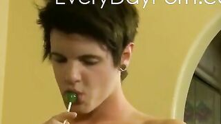 sucking on a lollipop in preparations for a real meaty cock jizz addiction - gay video