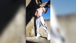 outdoor public place 2 cumshot flexing arms abs back muscles cumming in a row fit toned body kylebern - gay video